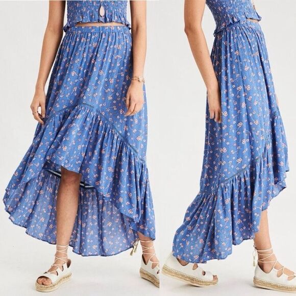 American Eagle Blue Pink Floral Patterned Hi Low Skirt Size X-Small - Picture 1 of 9